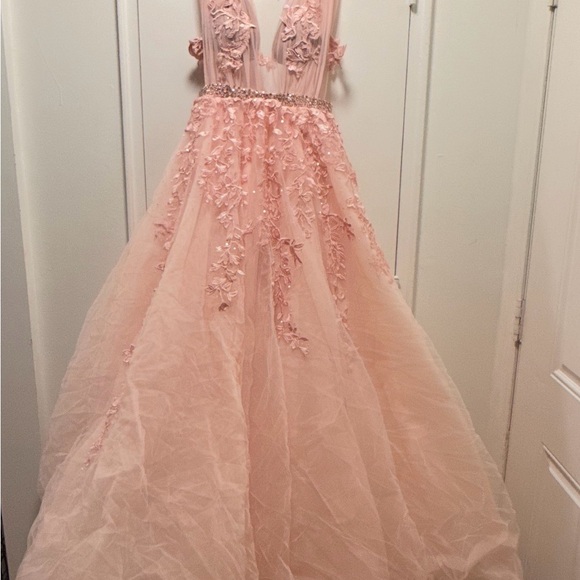 Elegant Pink Lace V-Neck Ball Gown Dress - Picture 3 of 5